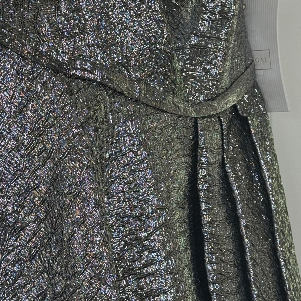 Mac Duggal Style #67906 One Shoulder Bow Midi Dress Brocade Metallic Silver - Picture 7 of 13